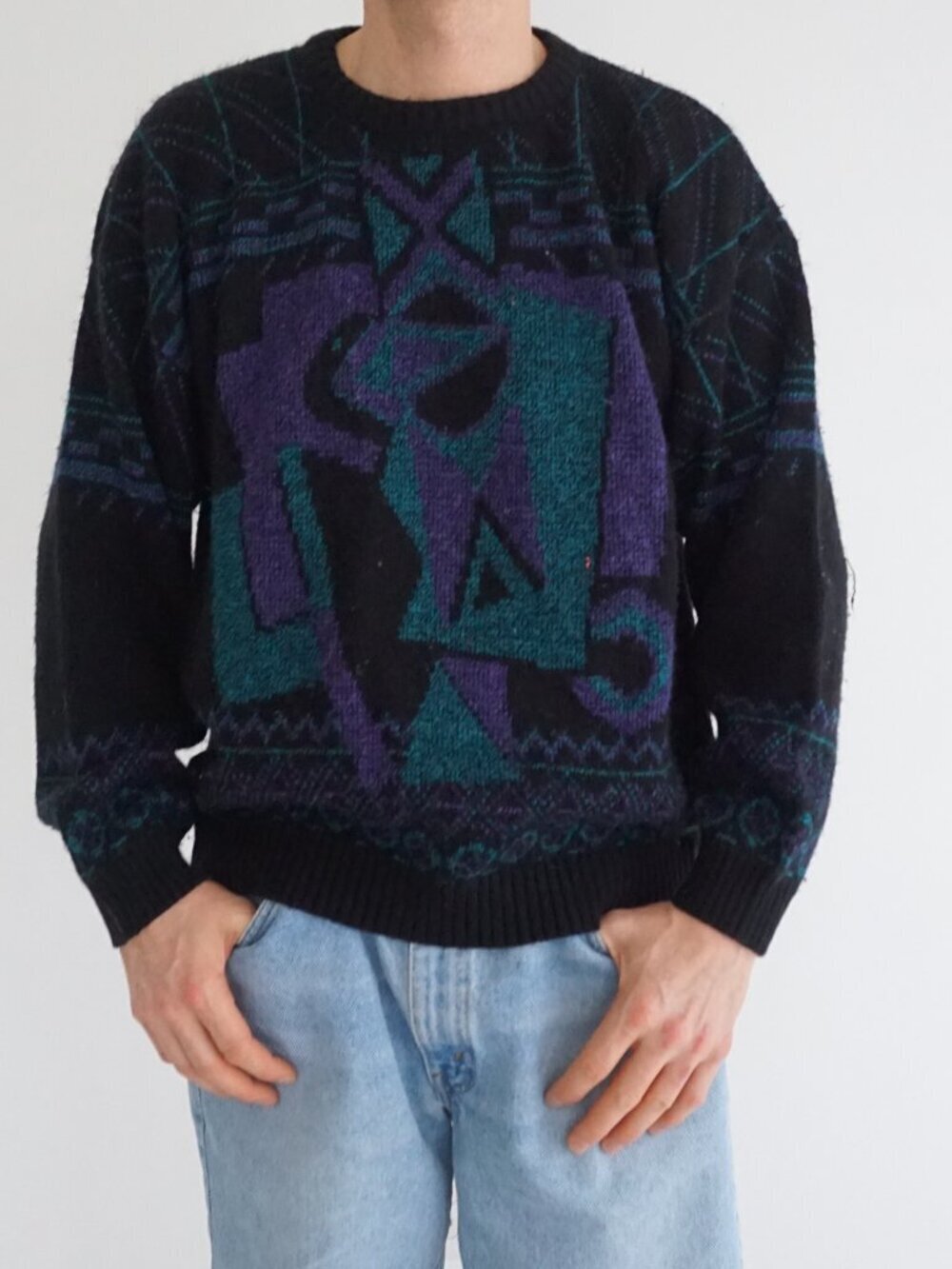 Vintage Area Black Purple Abstract Geometric Academic Pattern Knit Sweater L